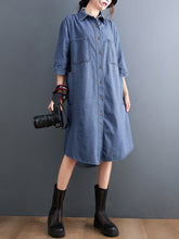 Denim Loose Solid Color Shirt Midi Dress
